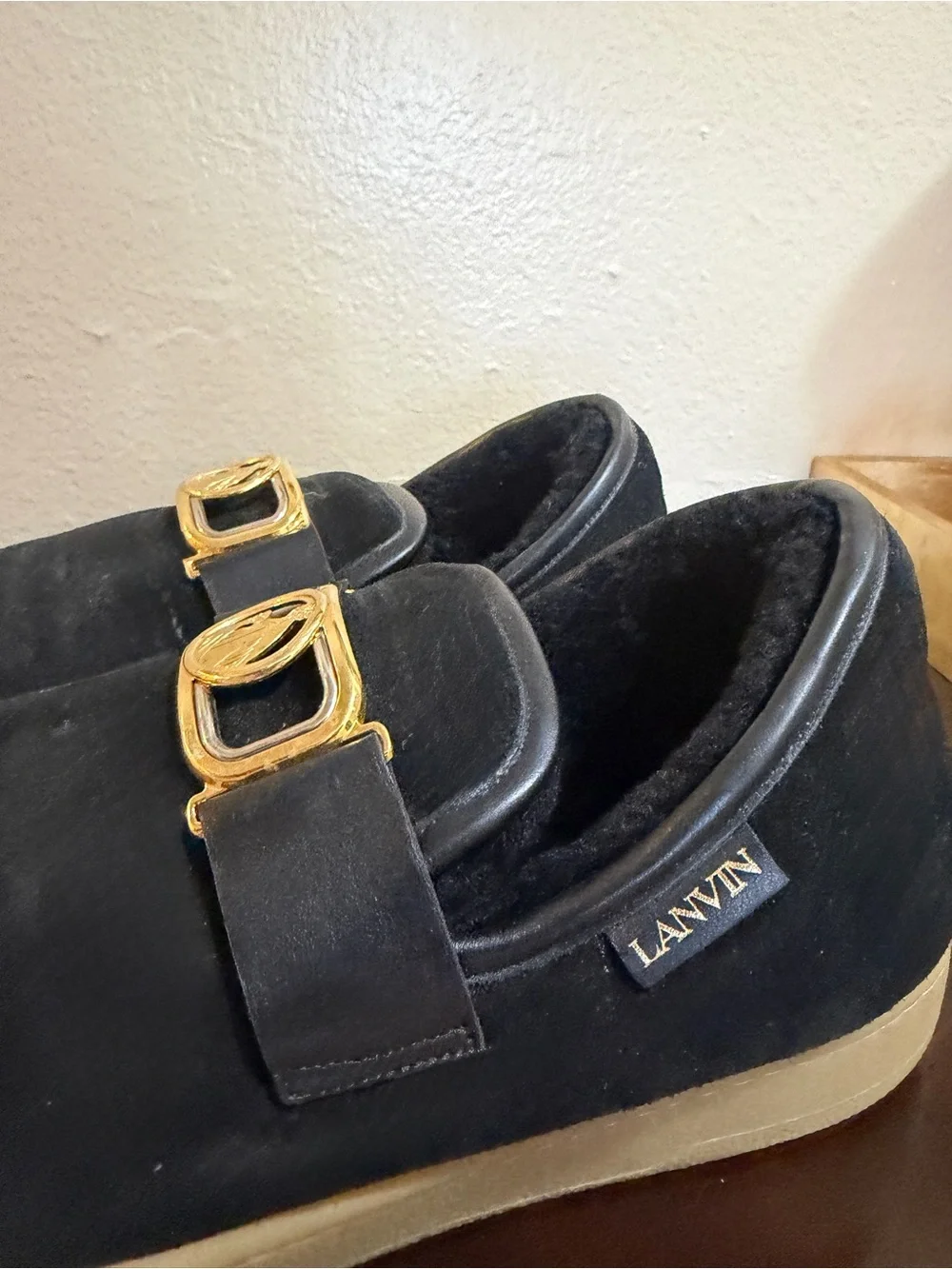 Lanvin Black Suede Slip-On Loafers with Gold Emblem and Gum Sole
